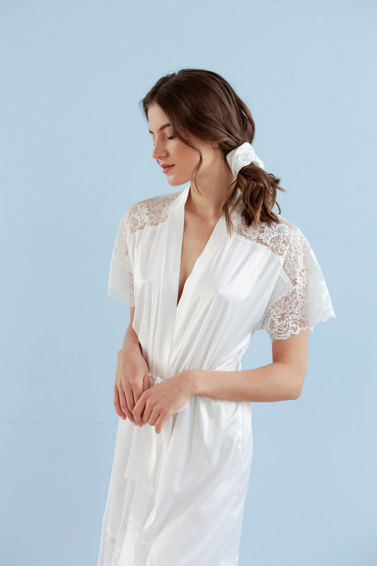 Ivory Satin Robe With Lace , Loungewear comfy & chic Epifania